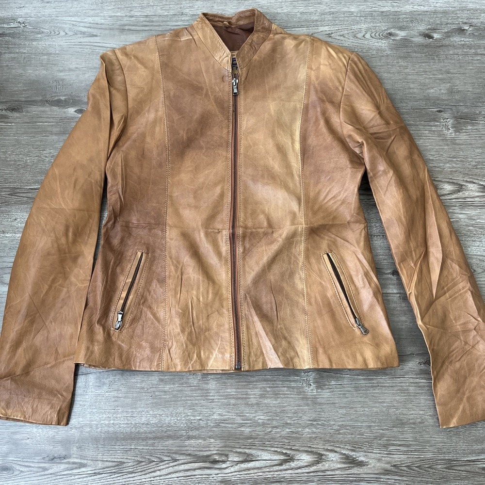 Joy Leather Cafe Racer Jacket Women L/XL Brown Slim Fit Moto Biker Streetwear